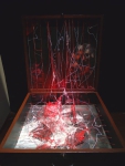 Title: Memory Box 5, Medium: Wooden box embedded with
photographs, threads, nails, gauze & acrylic colors, Size: 24 x 24 x 6.5 inches, Year: 2018