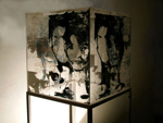 Title: Acrylic Cube - 1, Medium: Screen print on plexiglass and threads, Size: 24in x 24in x 24in, Year: 2000