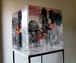 Title: Acrylic Cube - 2, Medium: Screen print on plexiglass and threads, Size: 24in x 24in x 24in, Year: 2001